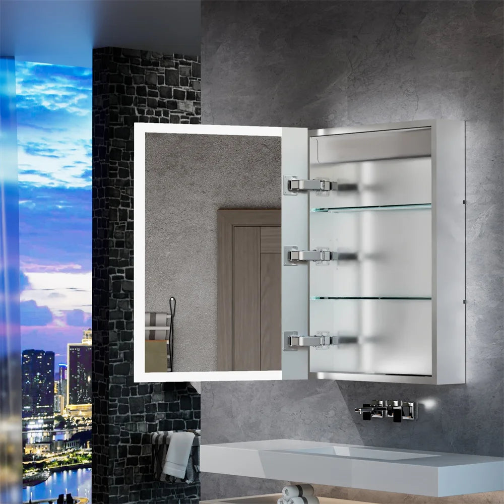 Bathroom Mirror Cabinet Rectangle LED Light Wall Medicine Cabinet with Time Digital Display