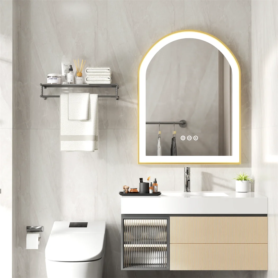 High-End LED Bathroom Mirror with Demister and Memory Function, Arch Framed, 3 Lighting Modes