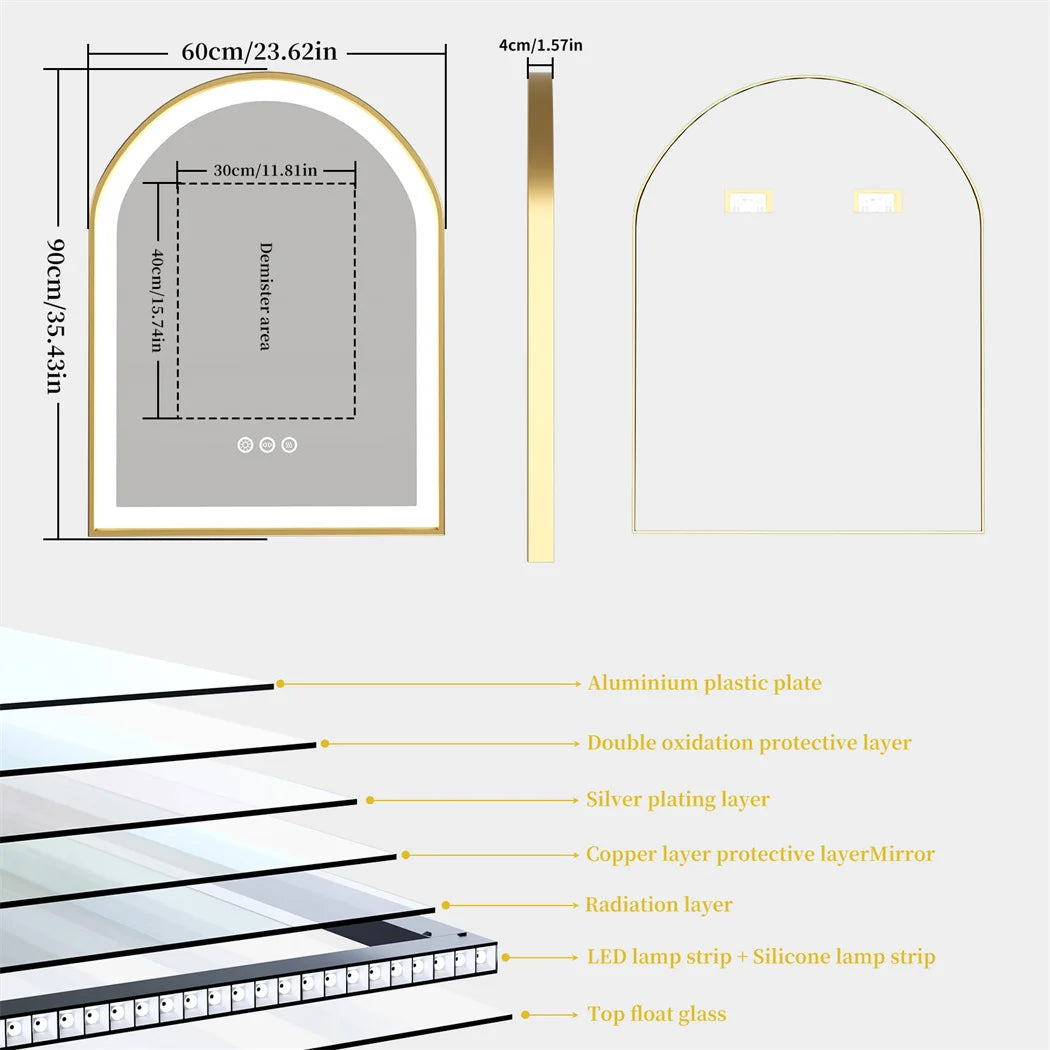 High-End LED Bathroom Mirror with Demister and Memory Function, Arch Framed, 3 Lighting Modes