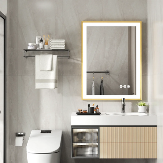 High-end Gold Frame LED Illuminated Bathroom Mirror - Dimmable, Anti-fog