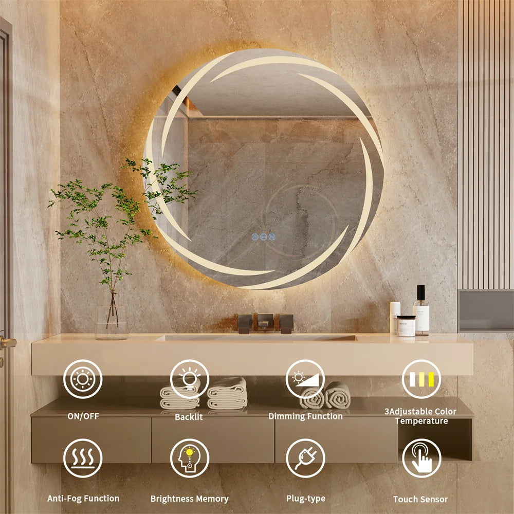 Bathroom Wall Mirror with Light Circle Backlit LED Bath Vanity Mirror Defog, 24 Inch