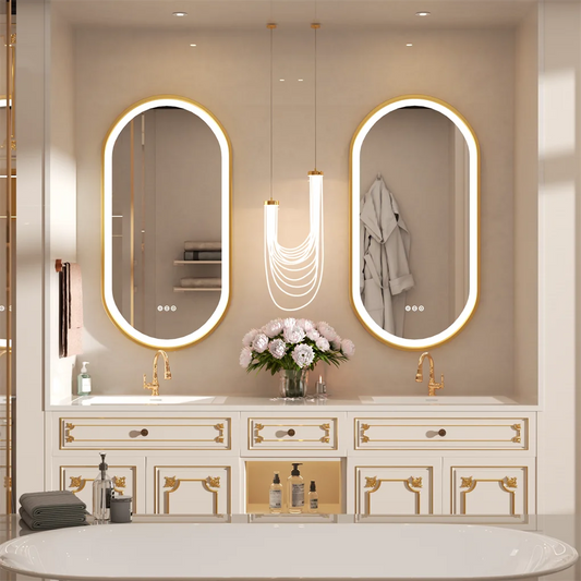 Luxury Oval LED Illuminated Bathroom Mirror with Demister Pad - Gold Aluminum Frame