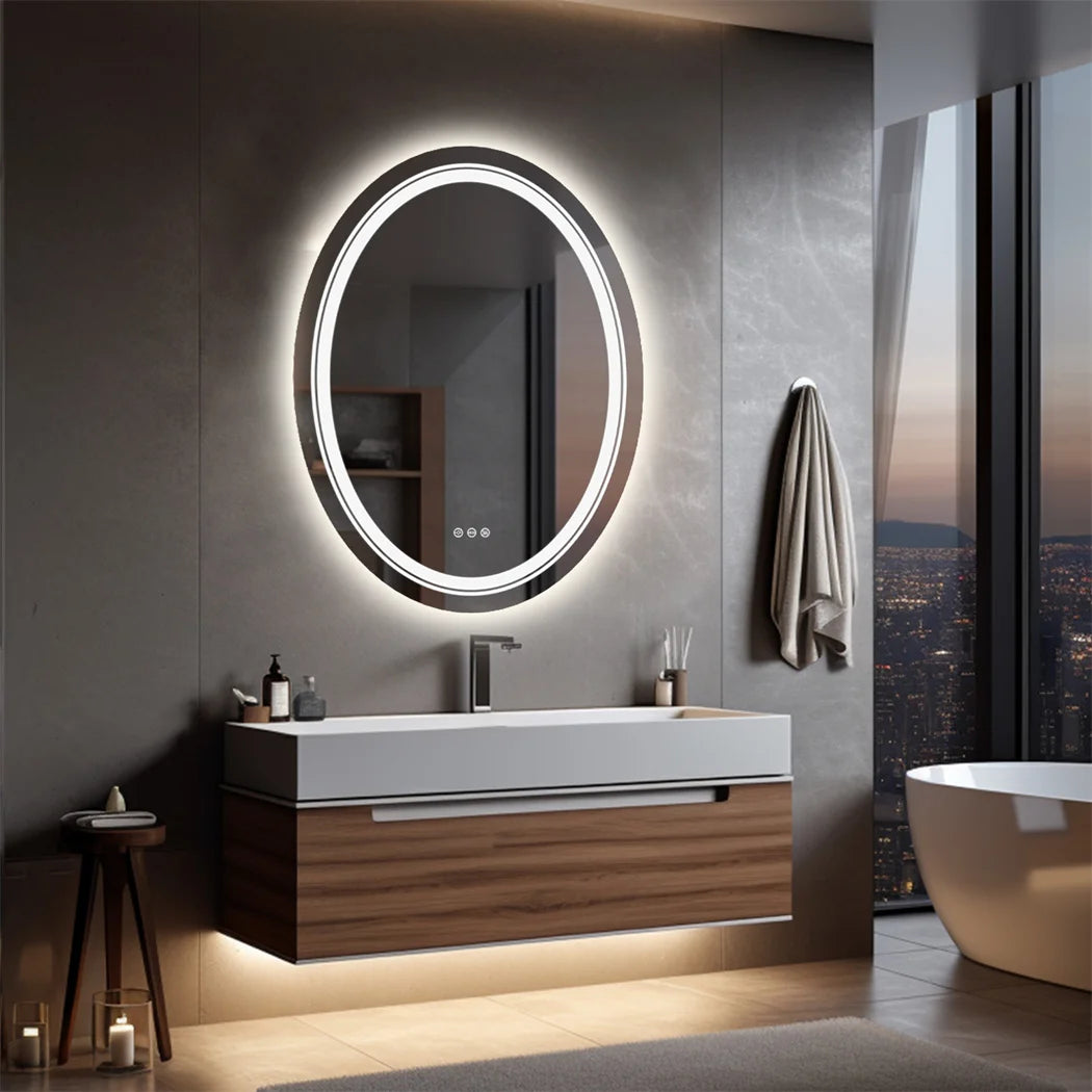 Oval Frameless Bathroom Mirror with Dimmable Dual LED, Anti-Fog, and 3 Color Modes