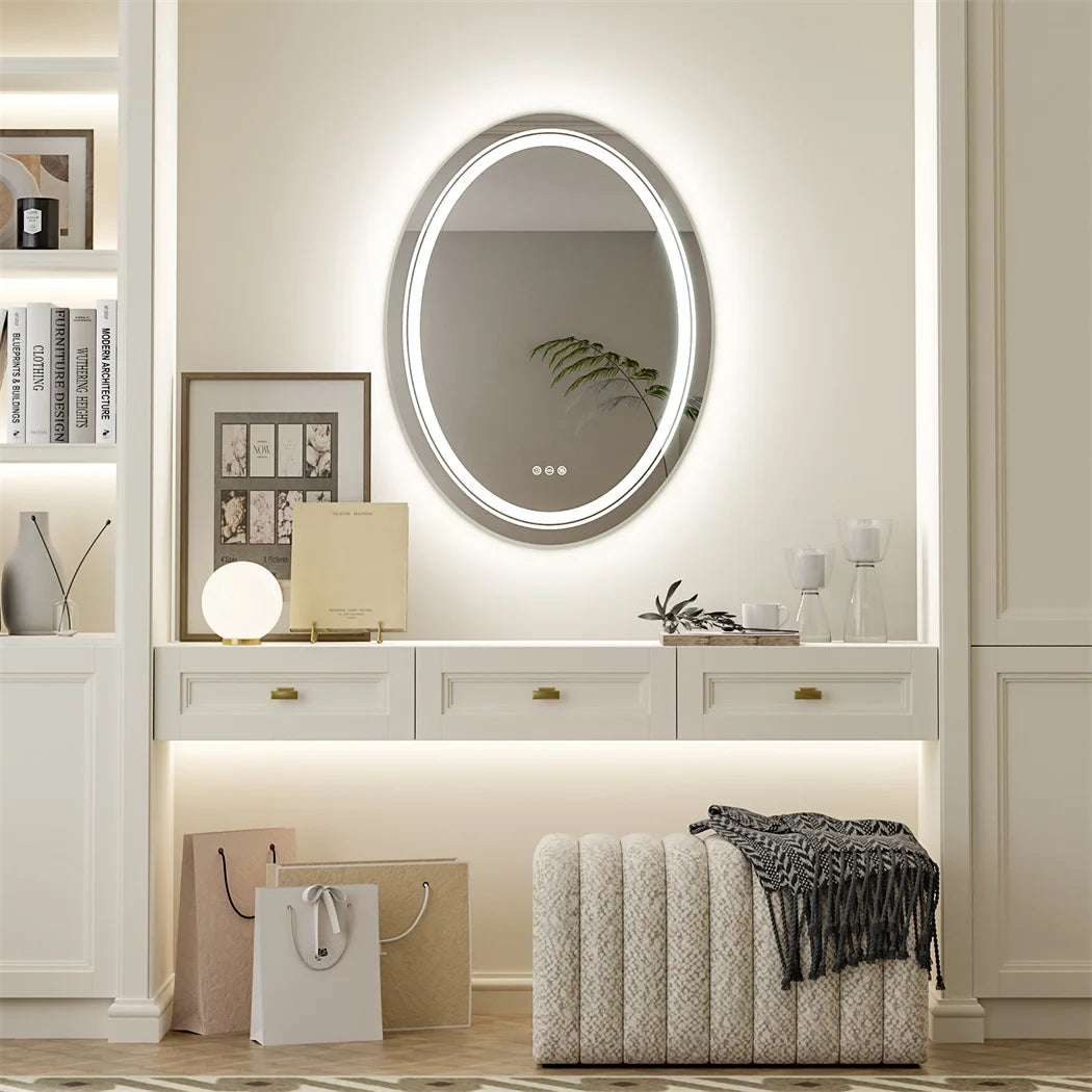 Oval Frameless Bathroom Mirror with Dimmable Dual LED, Anti-Fog, and 3 Color Modes