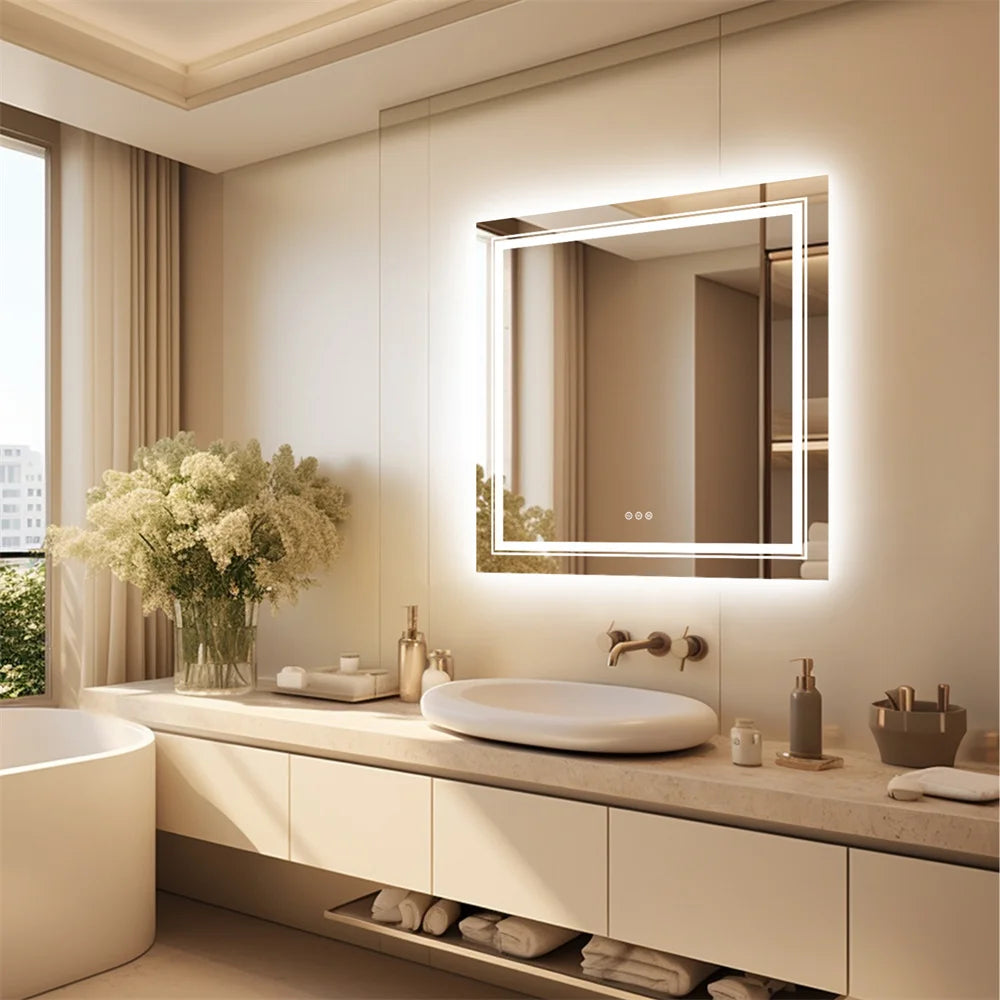 Square Illuminated Bathroom Mirror with Dimmable LED Lights & Anti-Fog