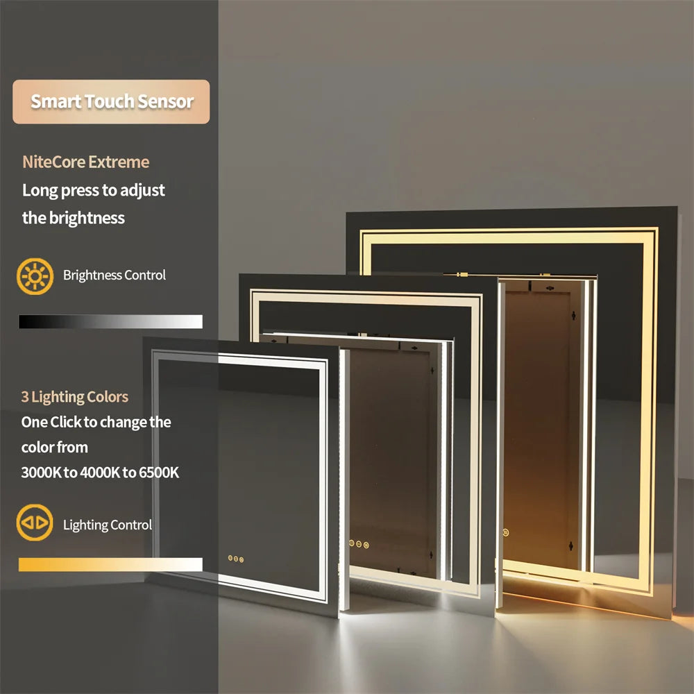 Square Illuminated Bathroom Mirror with Dimmable LED Lights & Anti-Fog