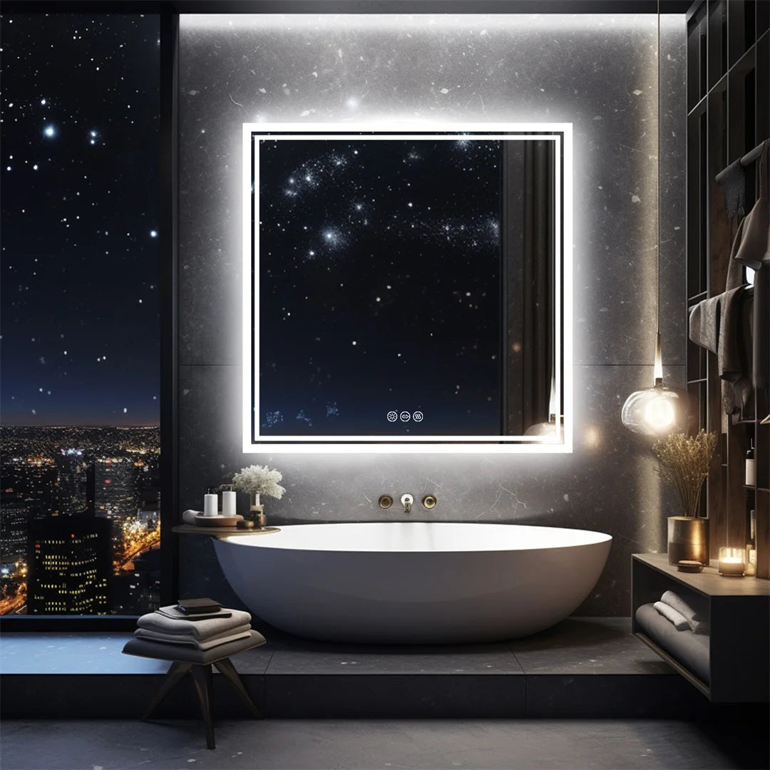 Wall-Mounted Square LED Bathroom Mirror with Anti-Fog and Dimmable Lights, 28 Inch