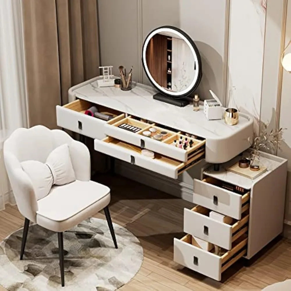 Luxury Solid Wood Vanity Desk with Sintered Marble Top, 6 Drawers, and LED Mirror