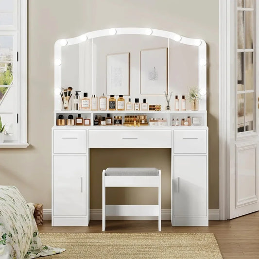 Makeup Vanity Table with Lights, 2 Cabinets, Long Shelf, and 3 Drawers