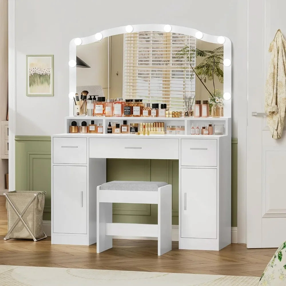 Makeup Vanity Table with Lights, 2 Cabinets, Long Shelf, and 3 Drawers