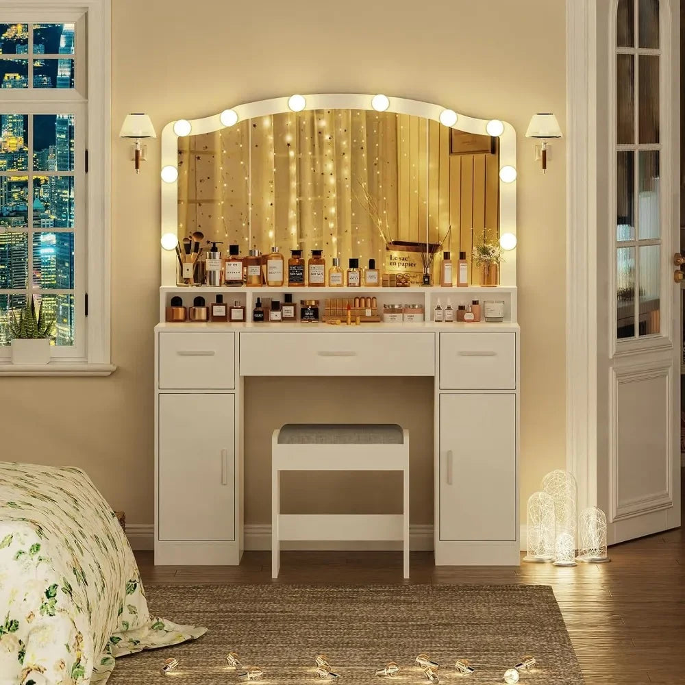 Makeup Vanity Table with Lights, 2 Cabinets, Long Shelf, and 3 Drawers