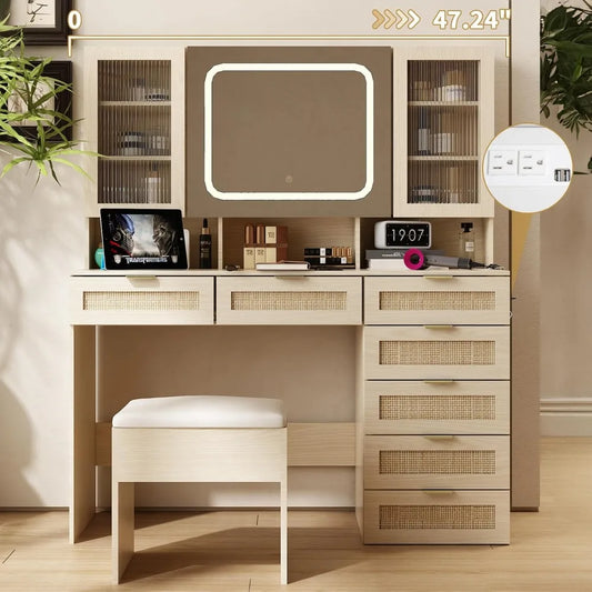 Makeup Table with LED Mirror, Power Outlet, Drawers, and Shelves