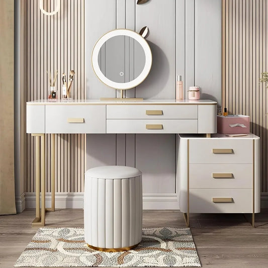 Leather Makeup Vanity Desk with Freely Movable Side Cabinet, LED Mirror, and Wireless Charging