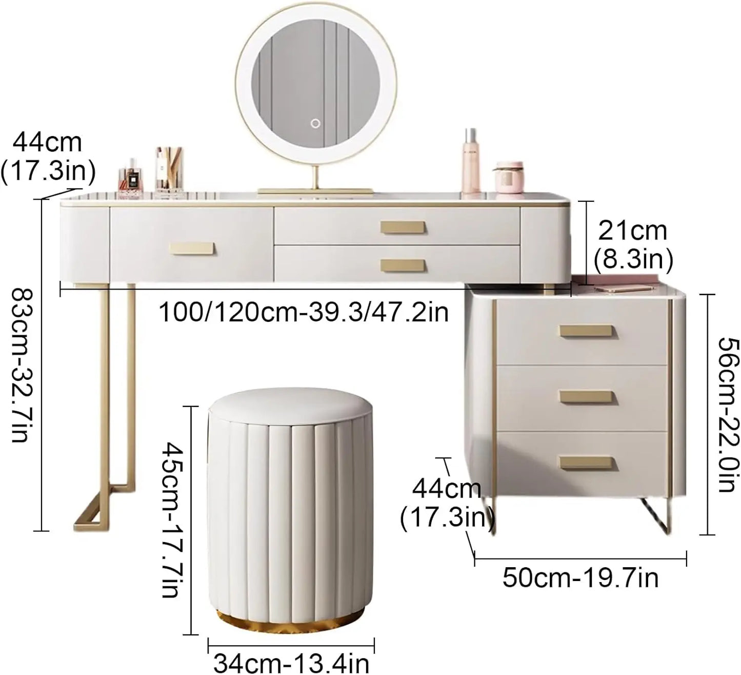 Leather Makeup Vanity Desk with Freely Movable Side Cabinet, LED Mirror, and Wireless Charging