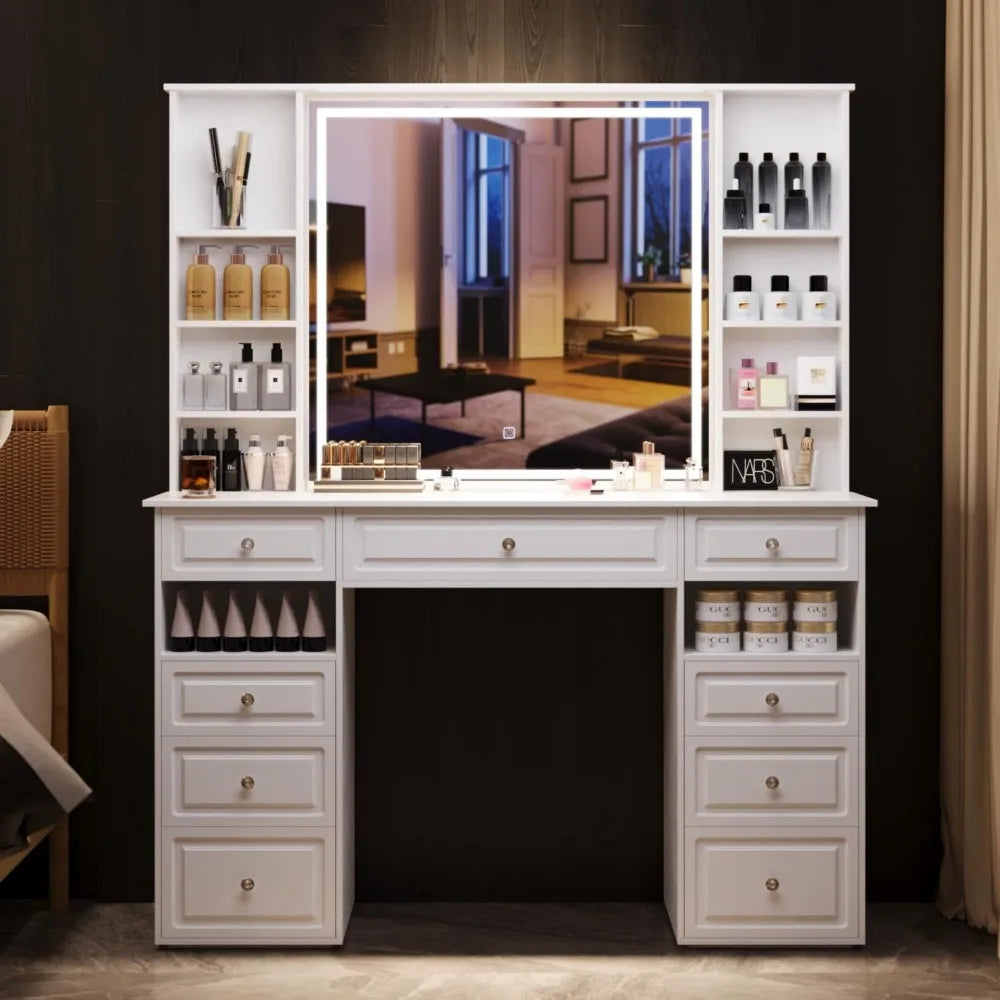 Large Vanity Desk with Lighted Mirror and 9 Drawers, Built-In Wireless Charger and Mini Fridge