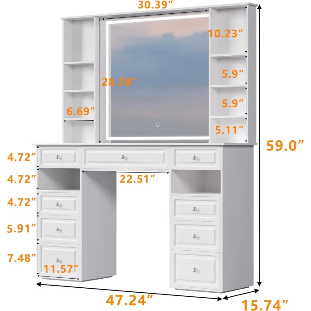 Large Vanity Desk with Lighted Mirror and 9 Drawers, Built-In Wireless Charger and Mini Fridge