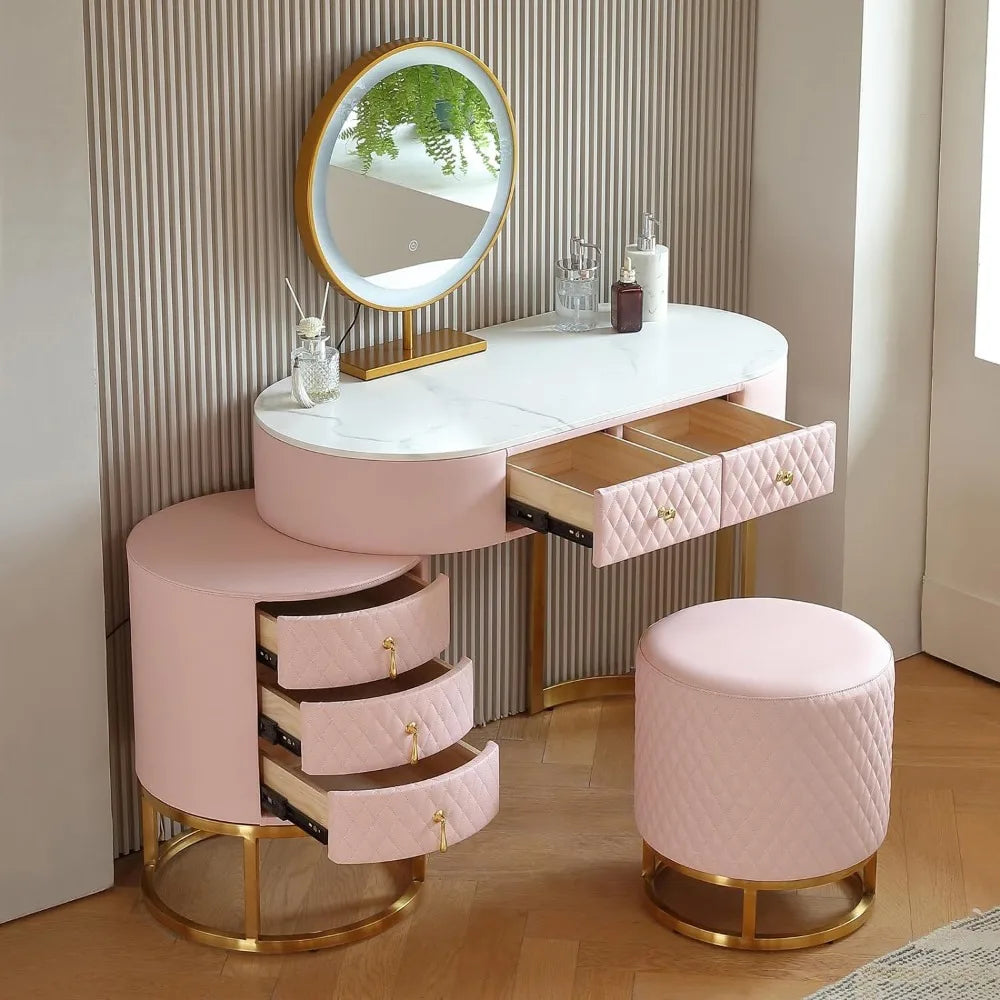 Vanity Desk Set with LED Mirror, 5 Drawers, Faux Leather Stool, and Slate Top