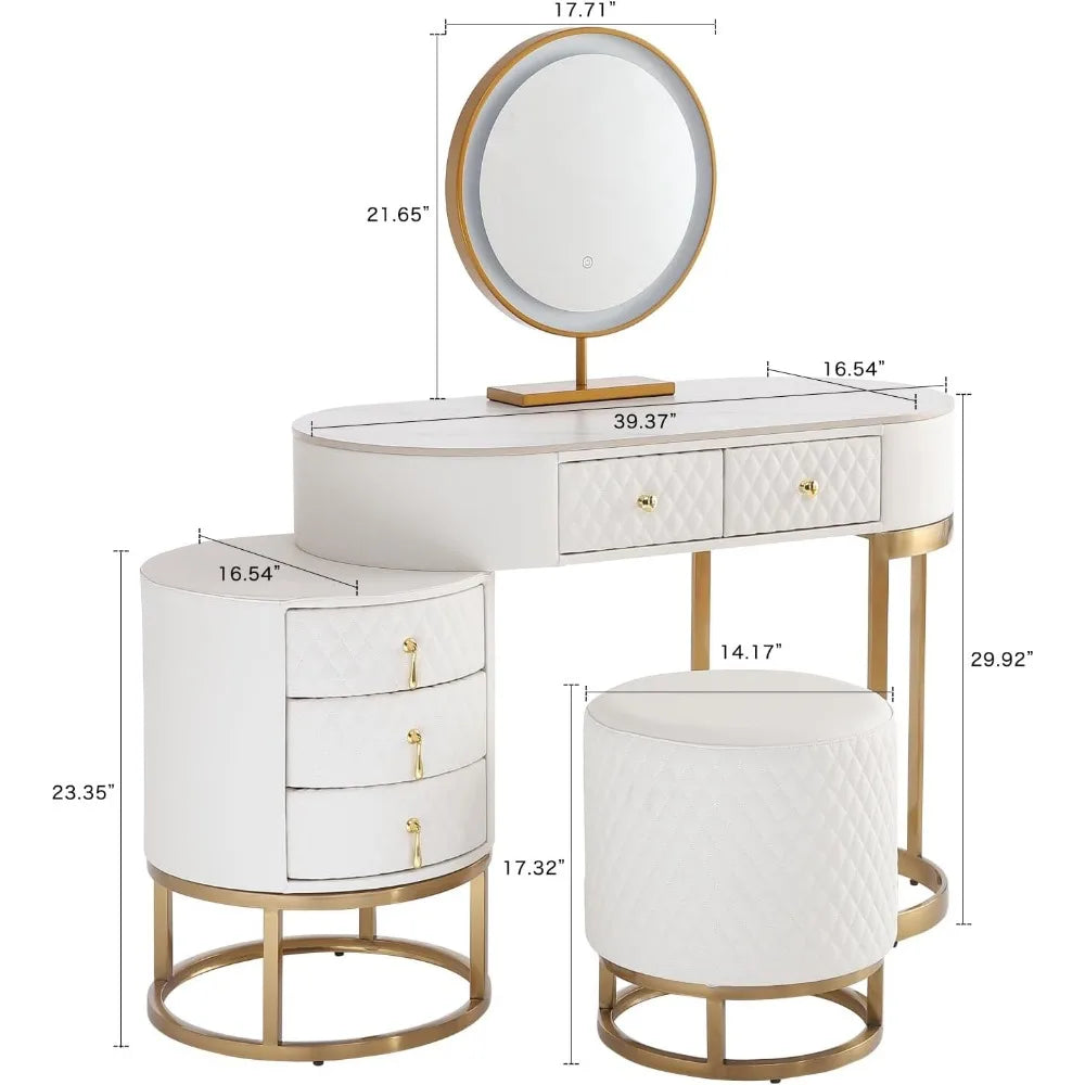 Vanity Desk Set with LED Mirror, 5 Drawers, Faux Leather Stool, and Slate Top