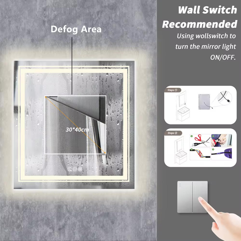 Square Illuminated Bathroom Mirror with Dimmable LED Lights & Anti-Fog