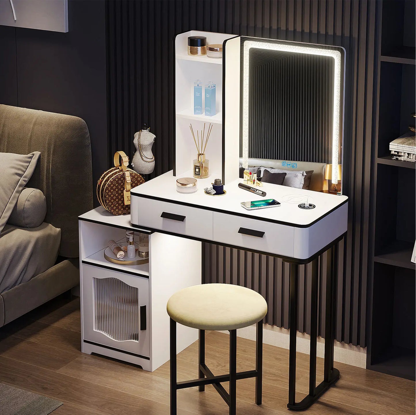 LED Vanity Makeup Table Set with Smart 7-Color Light and Charging Station