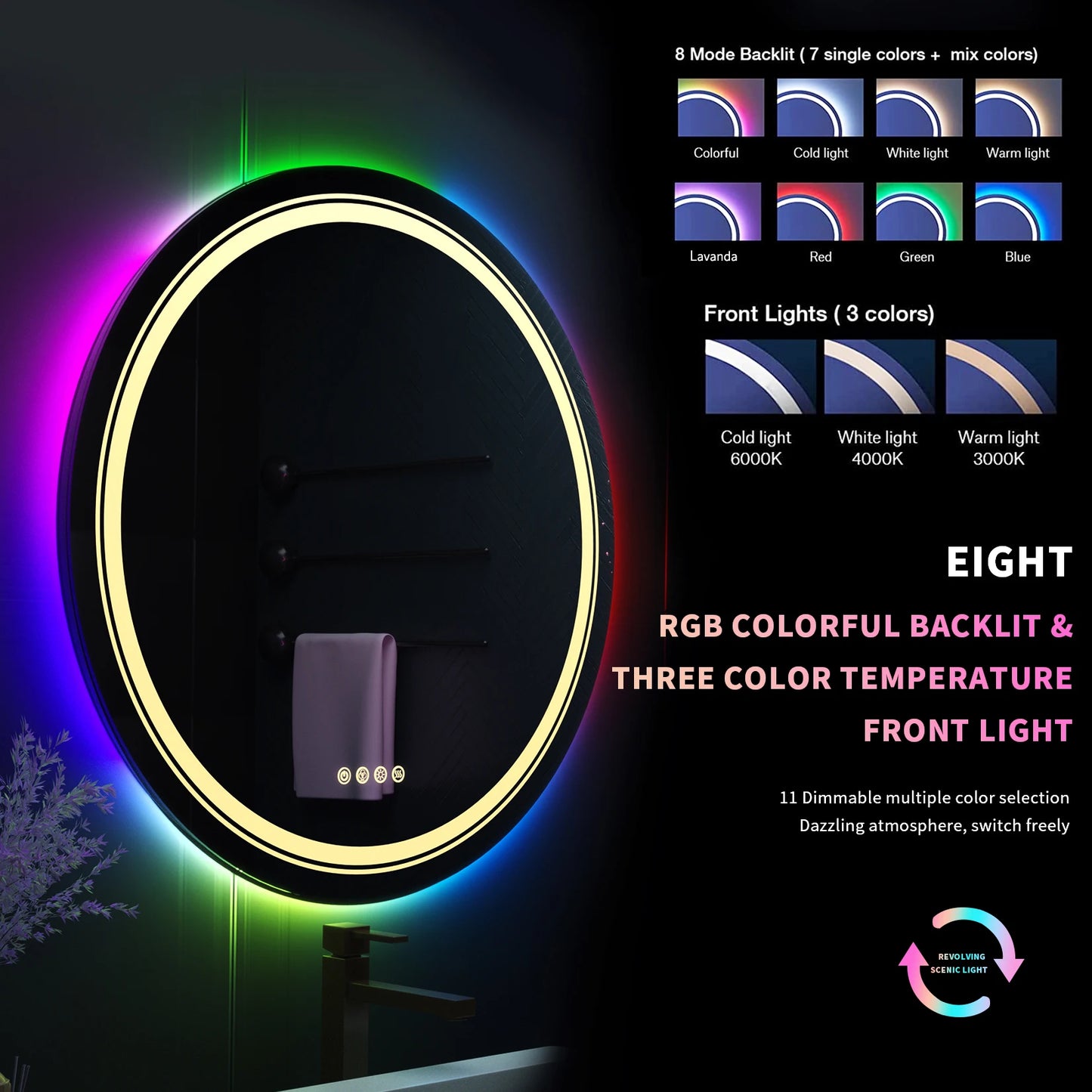 Large Round Lighted Bathroom Mirror with RGB LED, Anti-Fog & Dimmable Backlit