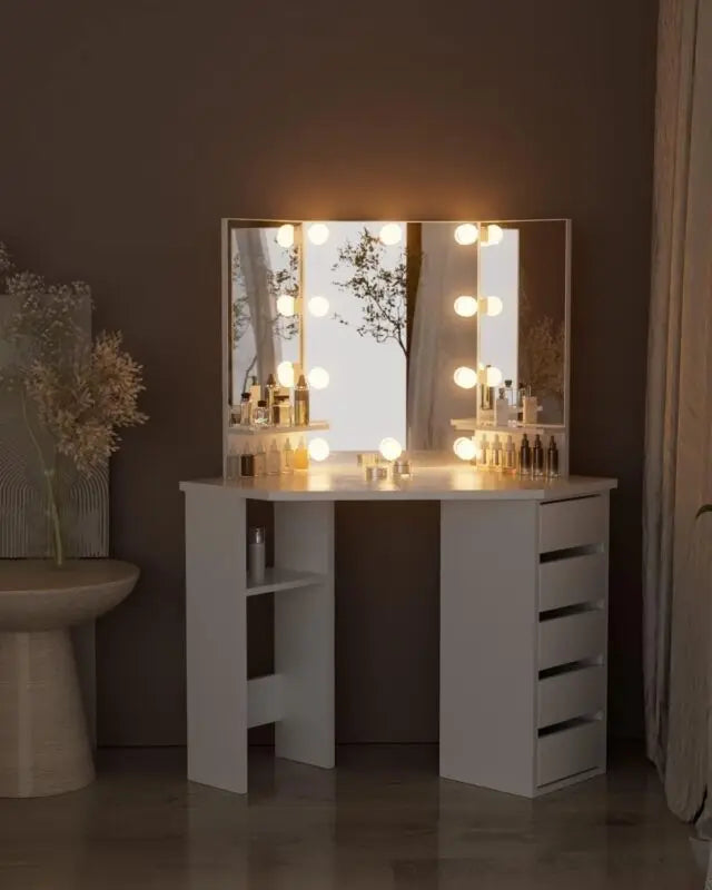 Corner Vanity Makeup Dressing Table with LED Mirror and Storage