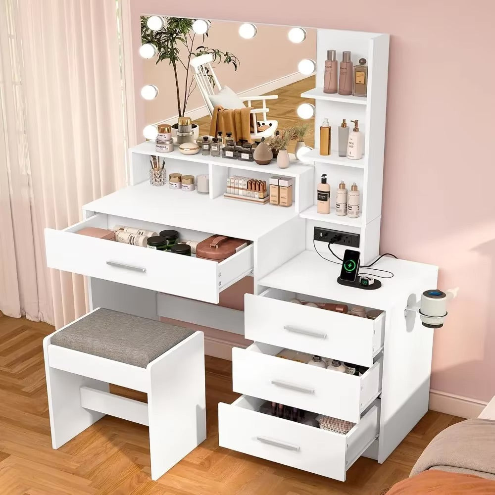 Vanity Desk with Mirror, Lights, and Integrated Nightstand