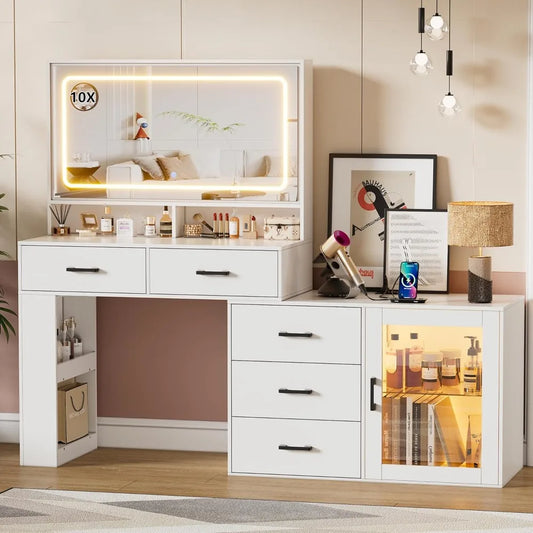 White Makeup Vanity Desk with LED Mirror, Charging Station, and Storage Cabinet