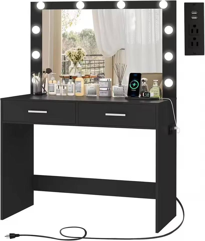 Mirrored Vanity Table with 12 LED Lights and Charging Station