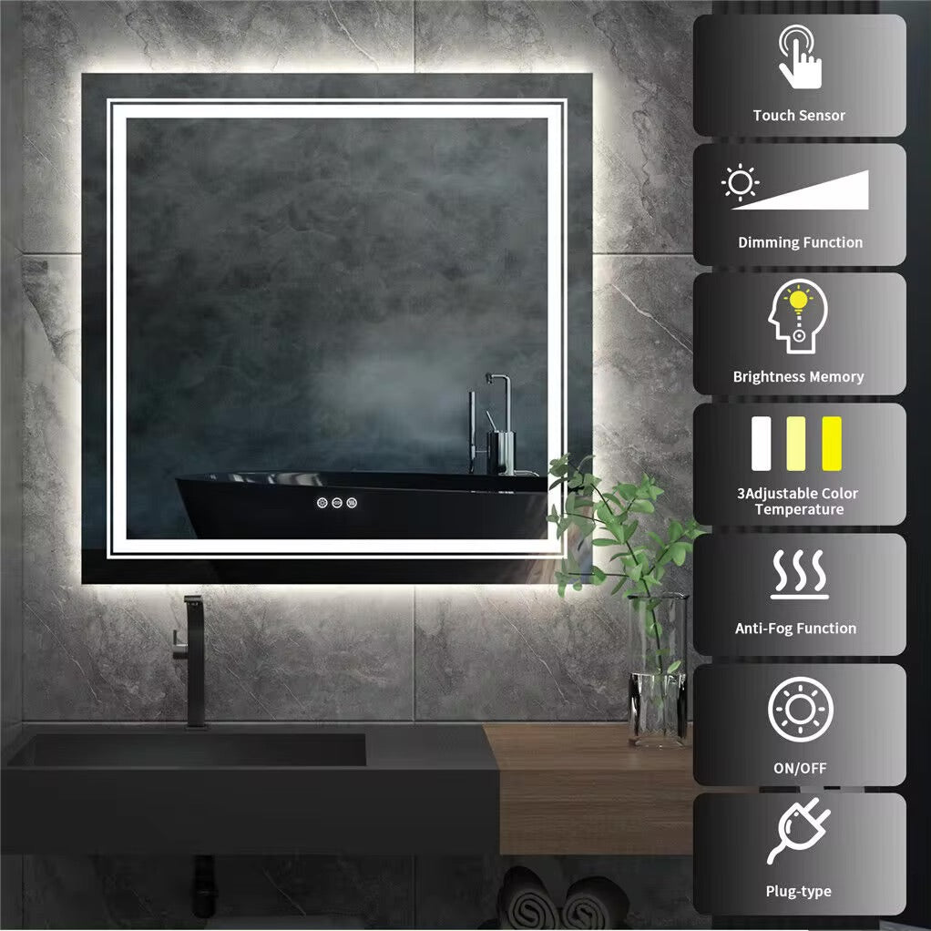 Square Illuminated Bathroom Mirror with Dimmable LED Lights & Anti-Fog