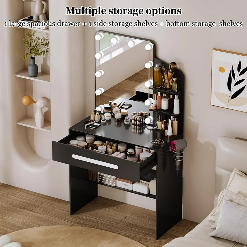 Modern Vanity Desk with Lighted LED Mirror and Comprehensive Storage Features