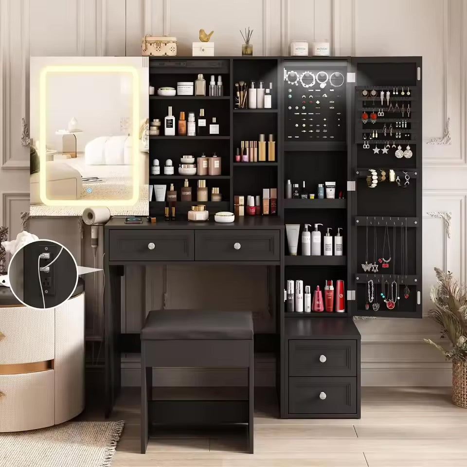 Makeup Vanity Desk with LED Lighted Sliding Mirror, Vanity Table with Jewelry Cabinet, and Charging Station