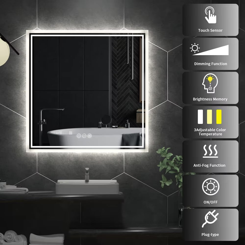 Wall-Mounted Square LED Bathroom Mirror with Anti-Fog and Dimmable Lights, 28 Inch