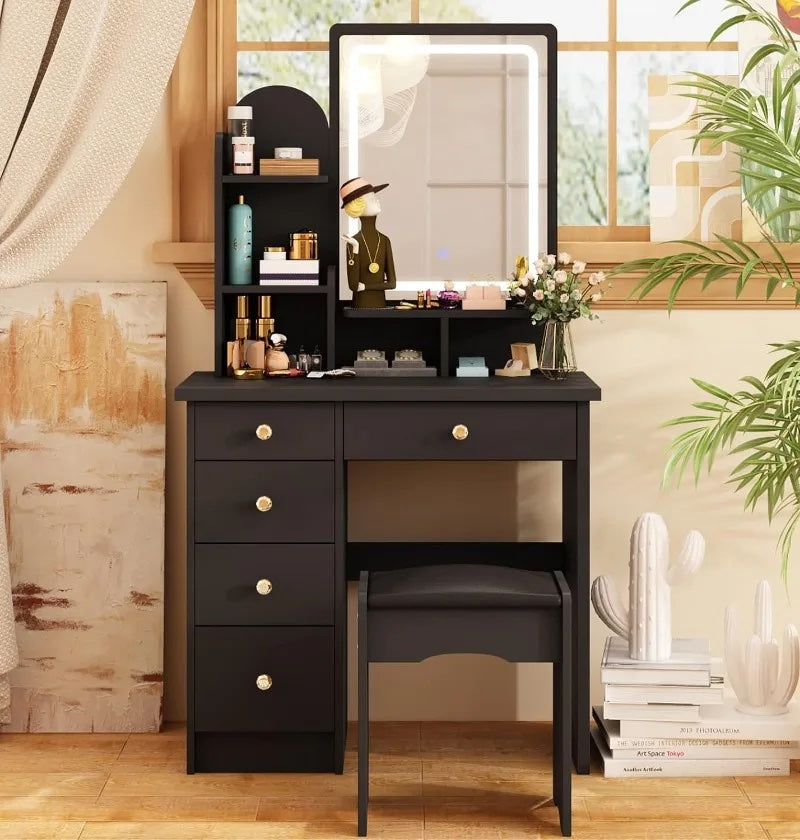 Wood Makeup Vanity Desk with LED Lighted Mirror and Storage Drawers