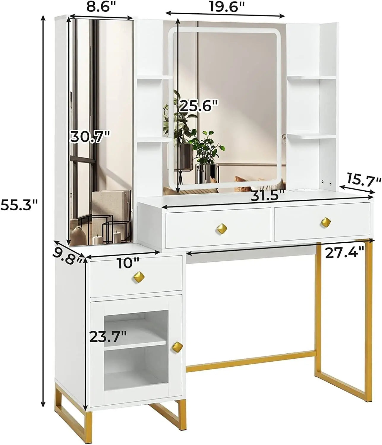 Makeup Vanity Desk with Lighted LED Mirror & Full-Length Mirror, Open & Hidden Storage, Push-To-Open Mirror Door