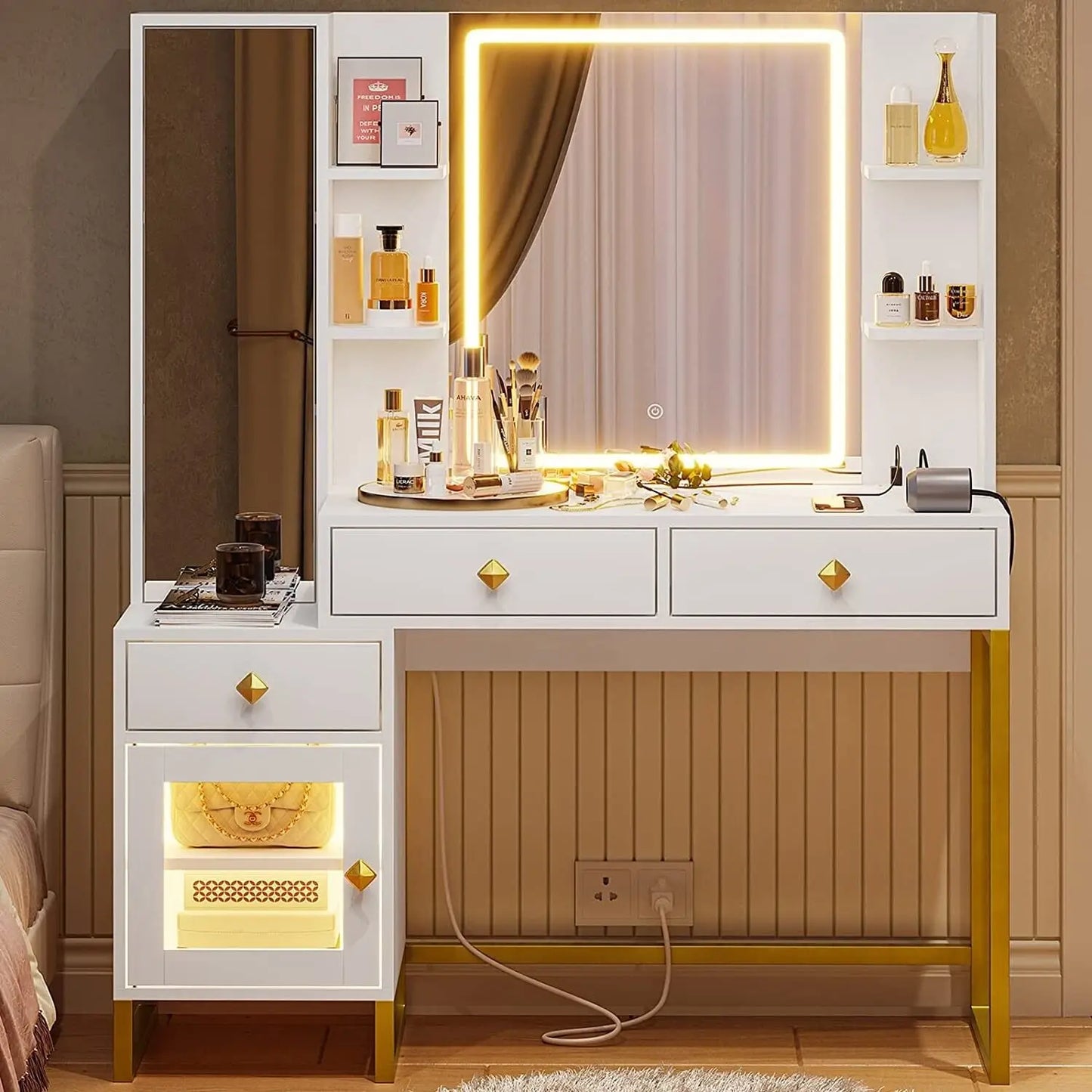 Makeup Vanity Desk with Lighted LED Mirror & Full-Length Mirror, Open & Hidden Storage, Push-To-Open Mirror Door