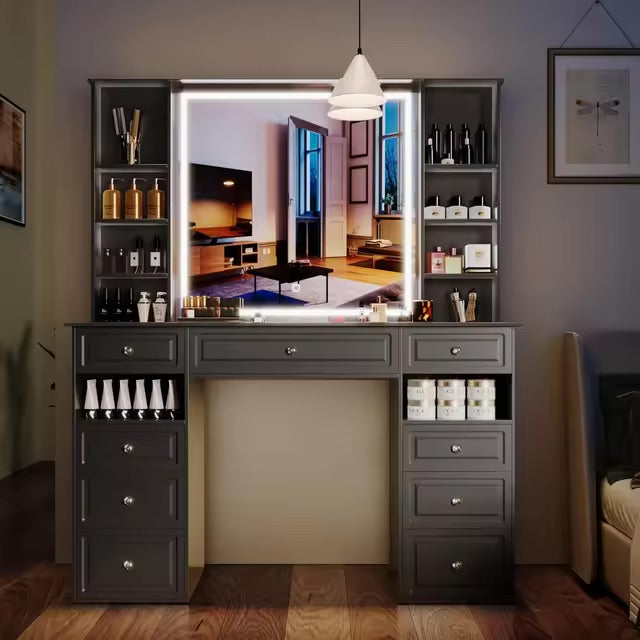 Large Vanity Desk with Lighted Mirror and 9 Drawers, Built-In Wireless Charger and Mini Fridge