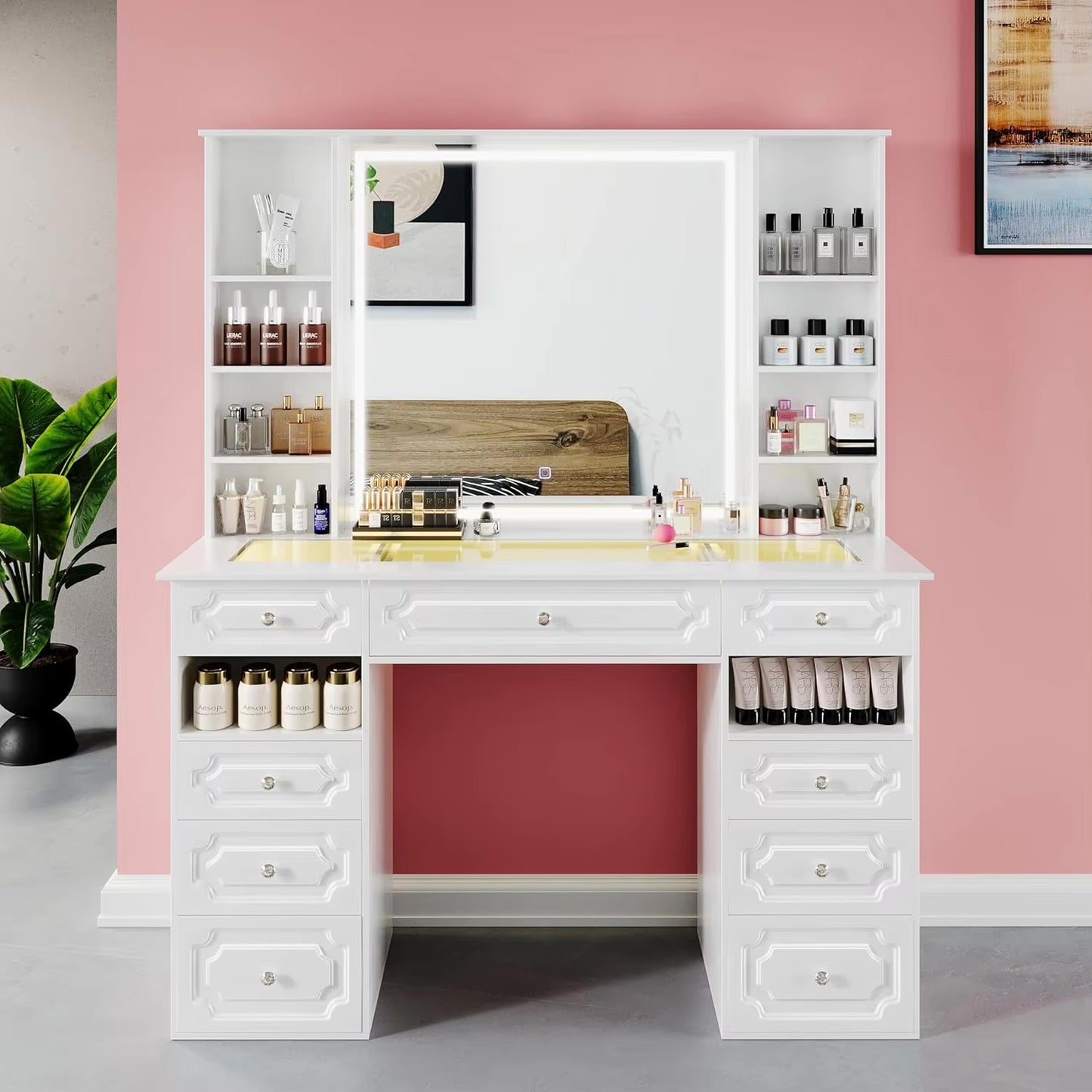 Large Vanity Desk with Lighted Mirror and 9 Drawers, Built-In Wireless Charger and Mini Fridge