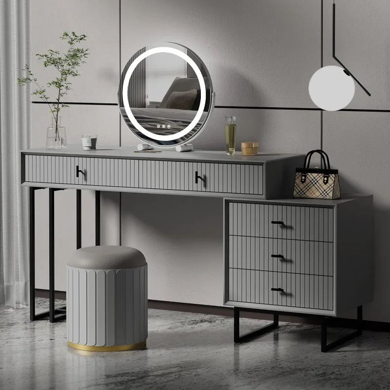 Full view of grey makeup vanity with 5 drawers