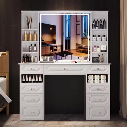 Large Vanity Desk with Lighted Mirror and 9 Drawers, Built-In Wireless Charger and Mini Fridge