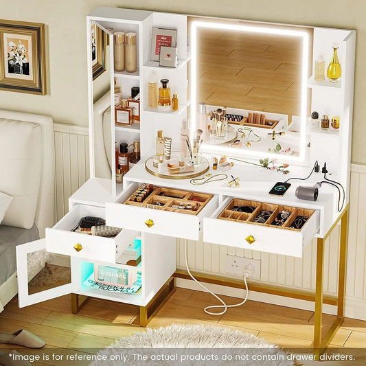 Makeup Vanity Desk with Lighted LED Mirror & Full-Length Mirror, Open & Hidden Storage, Push-To-Open Mirror Door