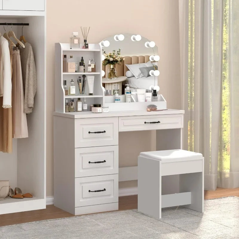Stylish vanity desk showcasing arched mirror, LED lights, and 4 smooth-gliding drawers