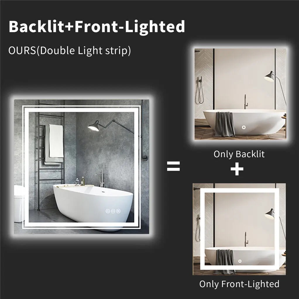 Square Illuminated Bathroom Mirror with Dimmable LED Lights & Anti-Fog