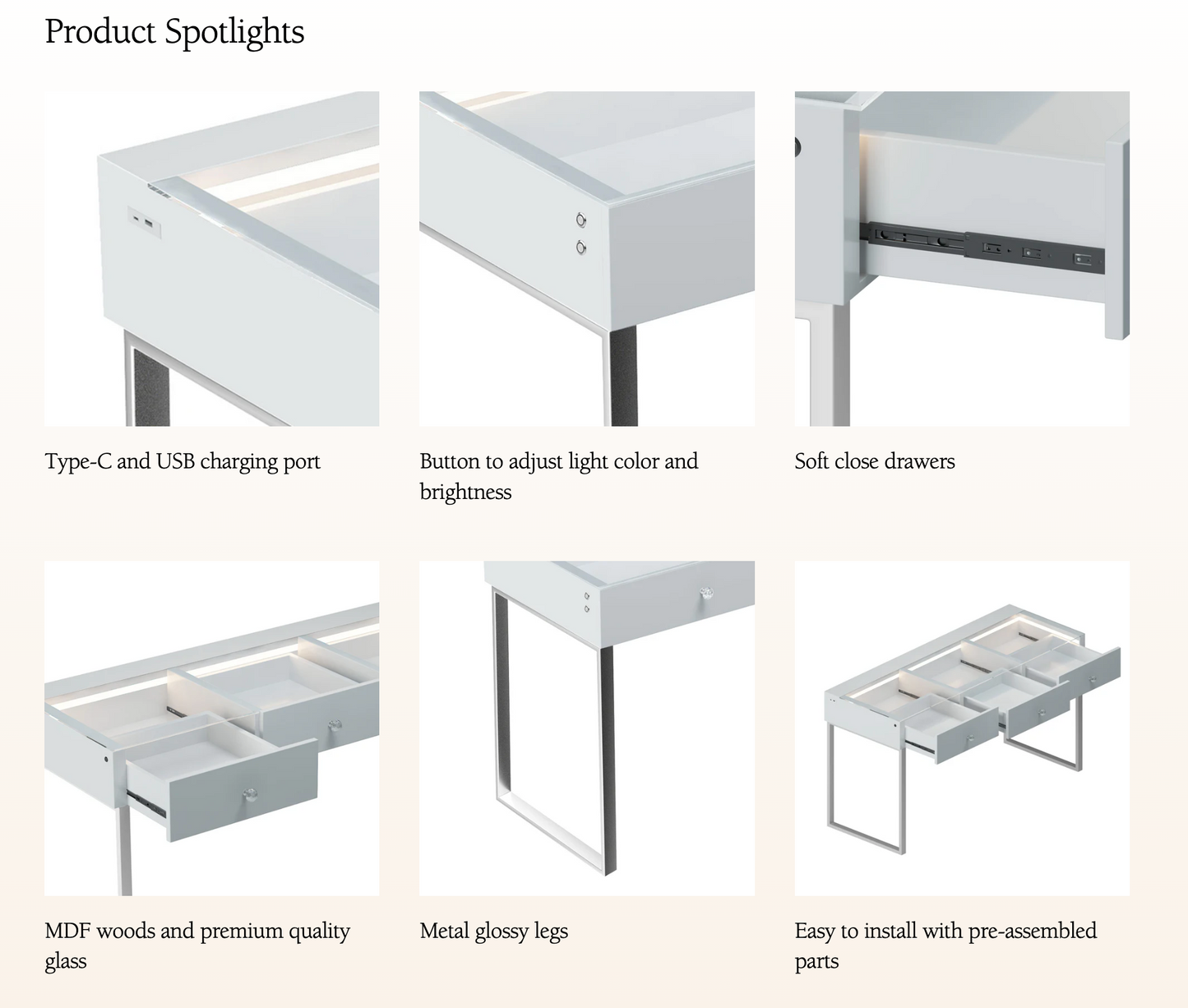 LUXE Vanity Desk Pro with Adjustable LED Light Strip and Glass Top - 2 Drawer