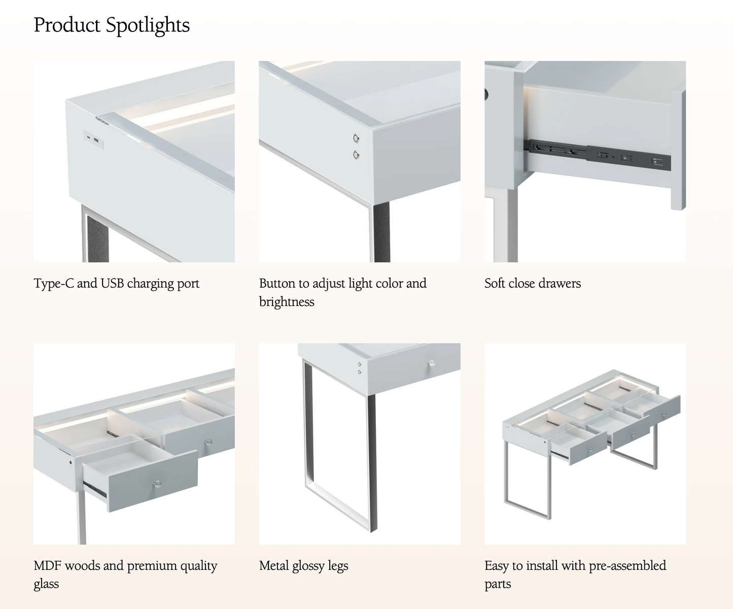 Vanity Desk Pro with Adjustable LED Light Strip and Glass Top - 3 Drawer