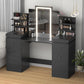 57.1" Black Makeup Vanity Table with Lighted Tri-Fold Mirror, 8 Drawers, and Storage Shelves