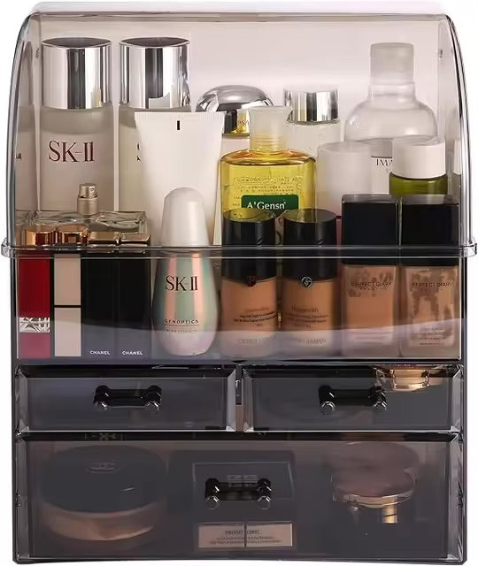 Clear Ribbed Pattern Large Clear Makeup Organizer with Drawers and Lid