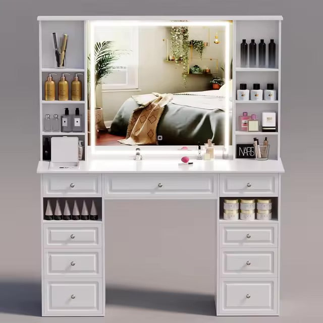 Large Vanity Desk with Lighted Mirror and 9 Drawers, Built-In Wireless Charger and Mini Fridge