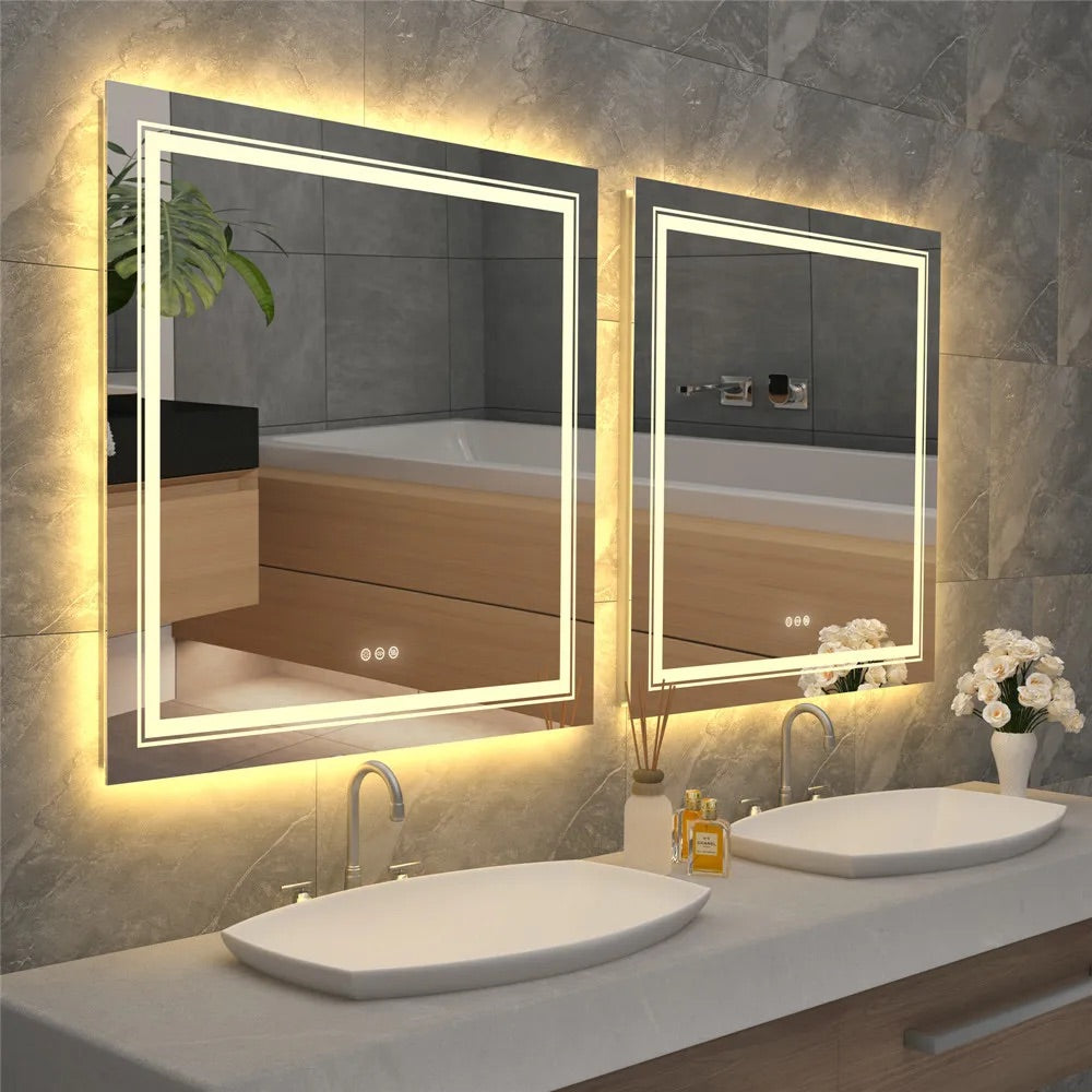 Square Illuminated Bathroom Mirror with Dimmable LED Lights & Anti-Fog