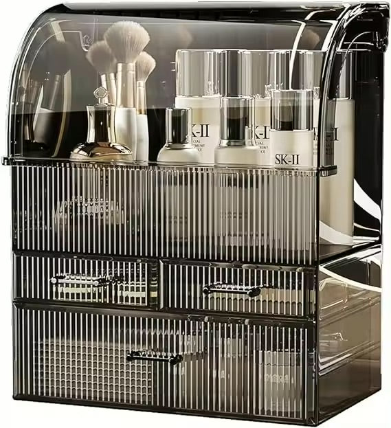 Clear Ribbed Pattern Large Clear Makeup Organizer with Drawers and Lid